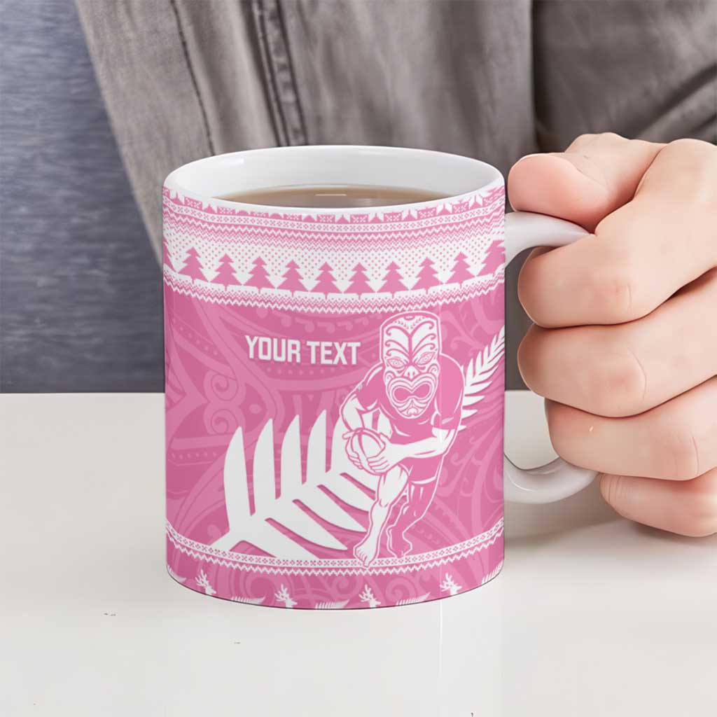 New Zealand Christmas Rugby Personalised Ceramic Mug Meri Kirihimete All Black Maori Pink Version - Aussie Hoodie