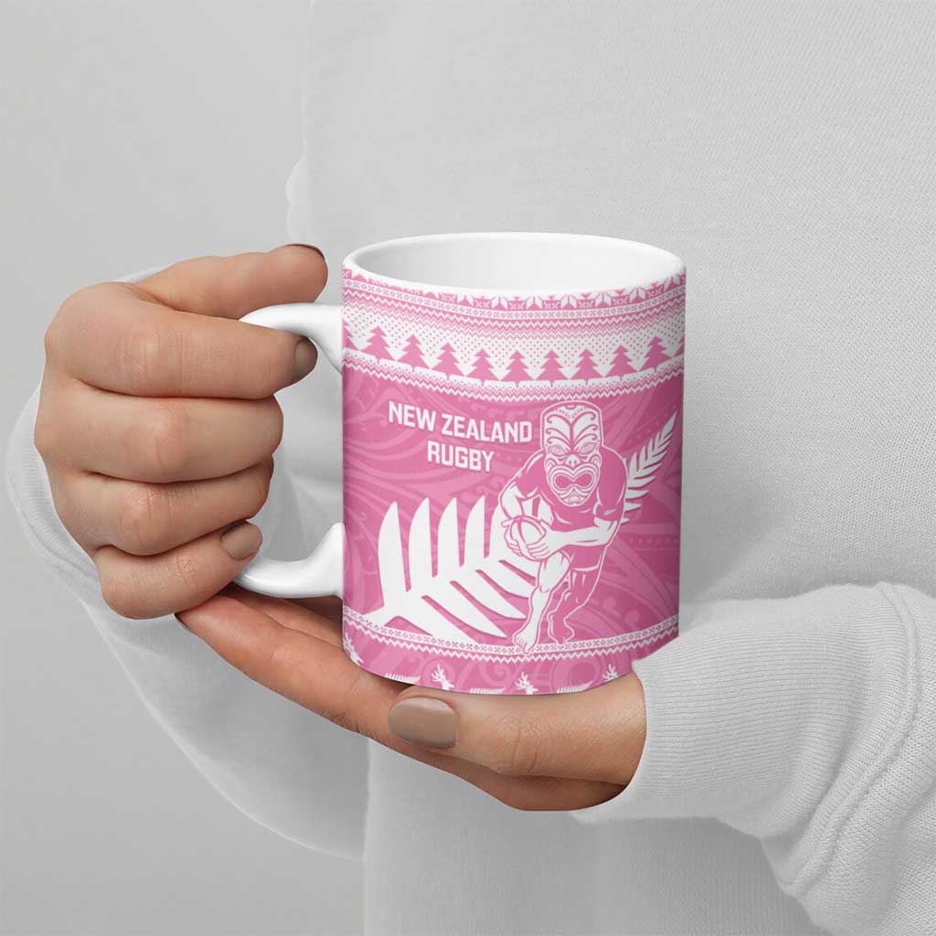 New Zealand Christmas Rugby Personalised Ceramic Mug Meri Kirihimete All Black Maori Pink Version - Aussie Hoodie