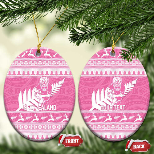 New Zealand Christmas Rugby Personalised Ceramic Ornament Meri Kirihimete All Black Maori Pink Version - Aussie Hoodie
