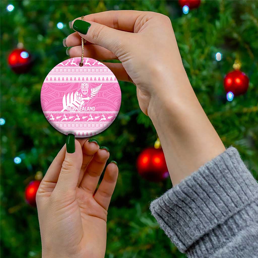 New Zealand Christmas Rugby Personalised Ceramic Ornament Meri Kirihimete All Black Maori Pink Version - Aussie Hoodie