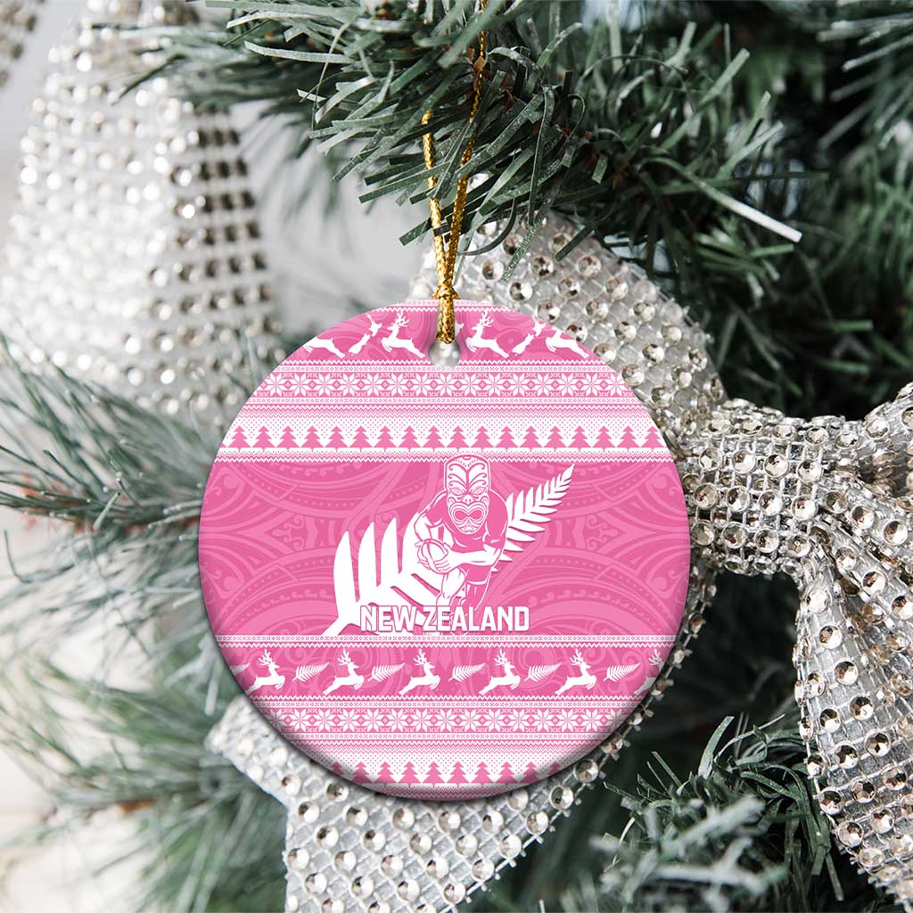 New Zealand Christmas Rugby Personalised Ceramic Ornament Meri Kirihimete All Black Maori Pink Version - Aussie Hoodie