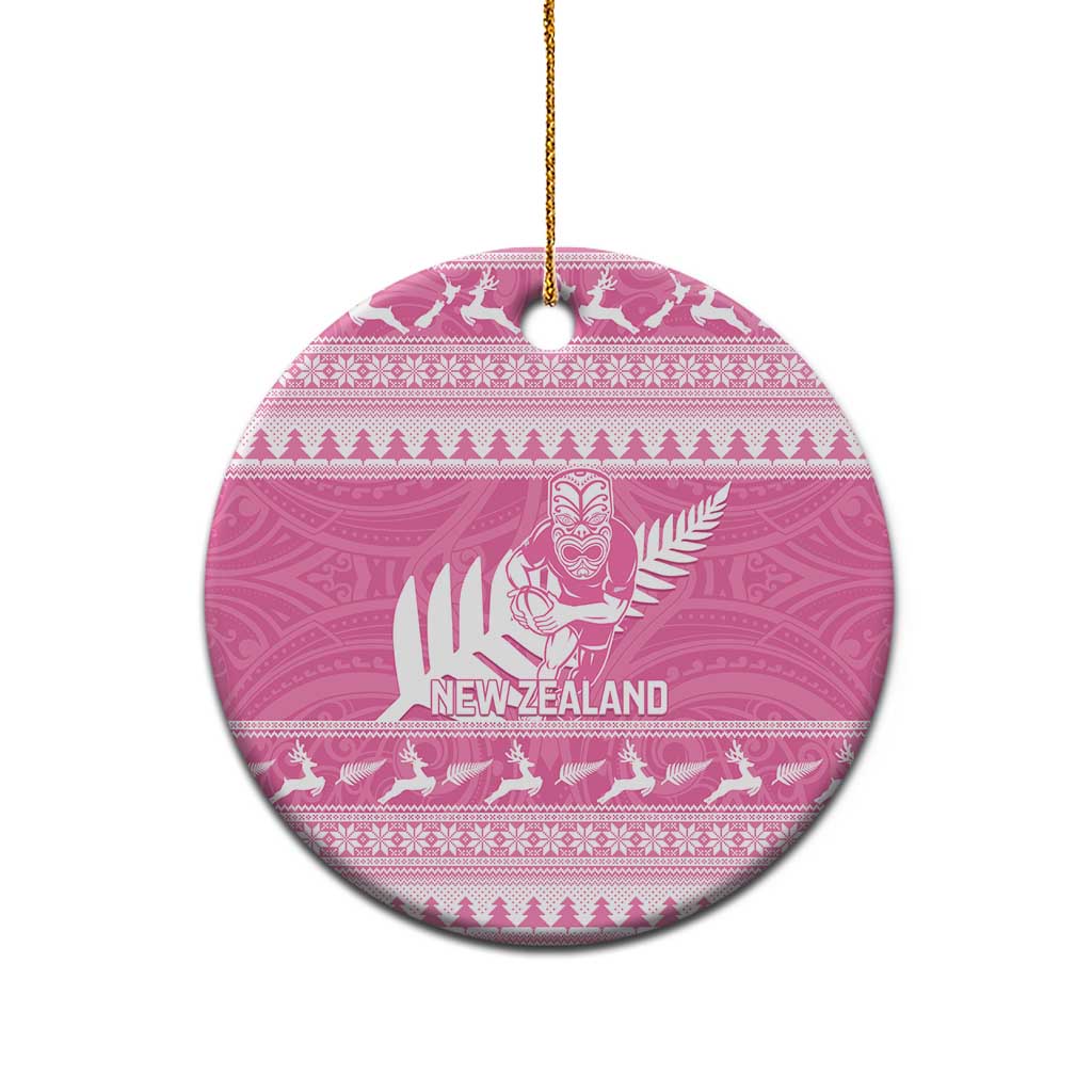 New Zealand Christmas Rugby Personalised Ceramic Ornament Meri Kirihimete All Black Maori Pink Version - Aussie Hoodie