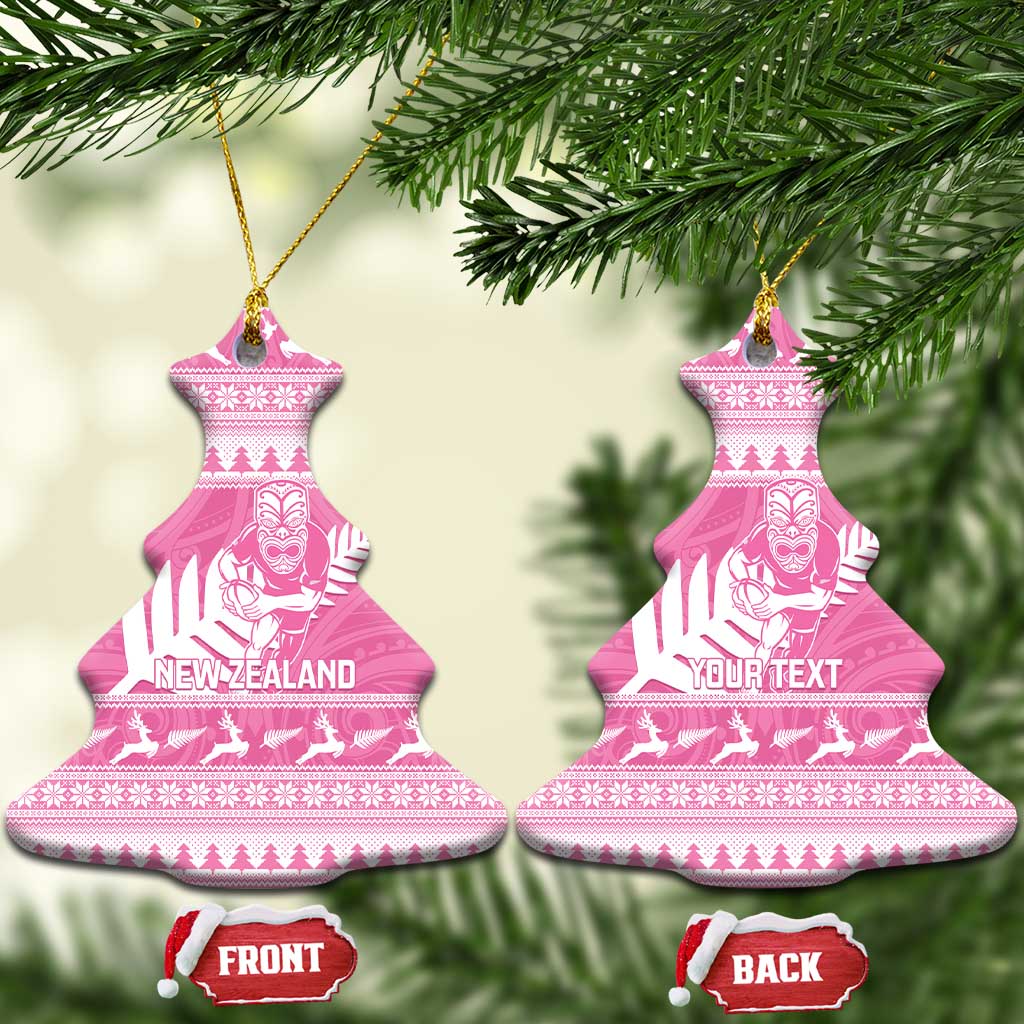 New Zealand Christmas Rugby Personalised Ceramic Ornament Meri Kirihimete All Black Maori Pink Version - Aussie Hoodie