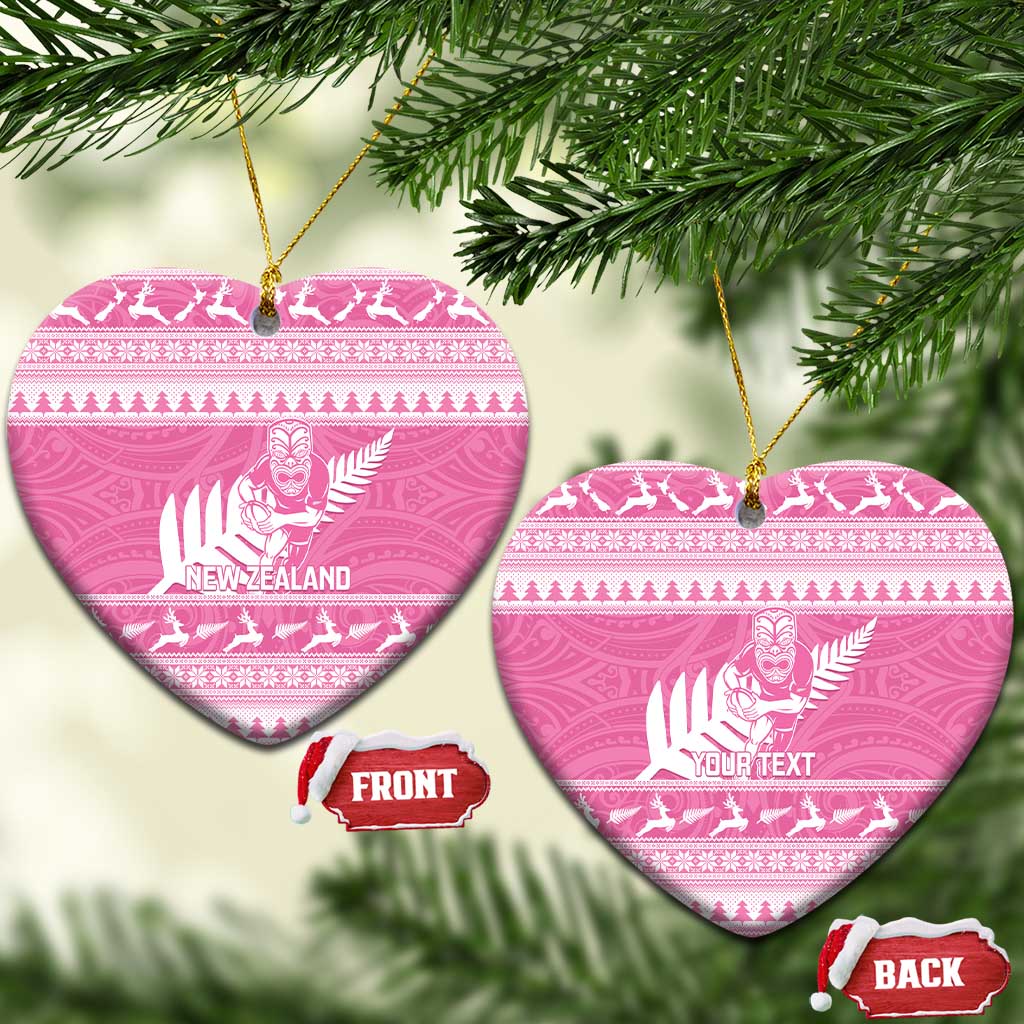 New Zealand Christmas Rugby Personalised Ceramic Ornament Meri Kirihimete All Black Maori Pink Version - Aussie Hoodie