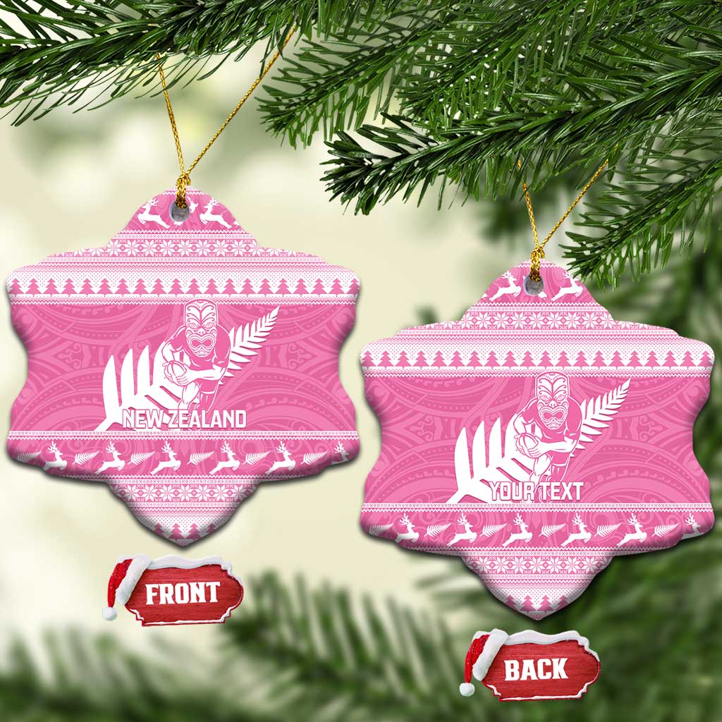 New Zealand Christmas Rugby Personalised Ceramic Ornament Meri Kirihimete All Black Maori Pink Version - Aussie Hoodie