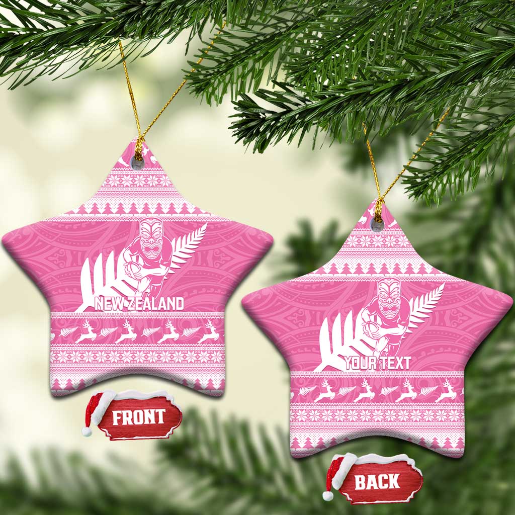 New Zealand Christmas Rugby Personalised Ceramic Ornament Meri Kirihimete All Black Maori Pink Version - Aussie Hoodie