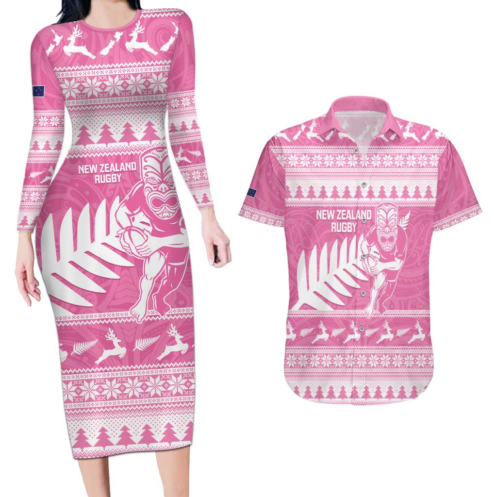 New Zealand Christmas Rugby Personalised Couples Matching Long Sleeve Bodycon Dress and Hawaiian Shirt Meri Kirihimete All Black Maori Pink Version - Aussie Hoodie