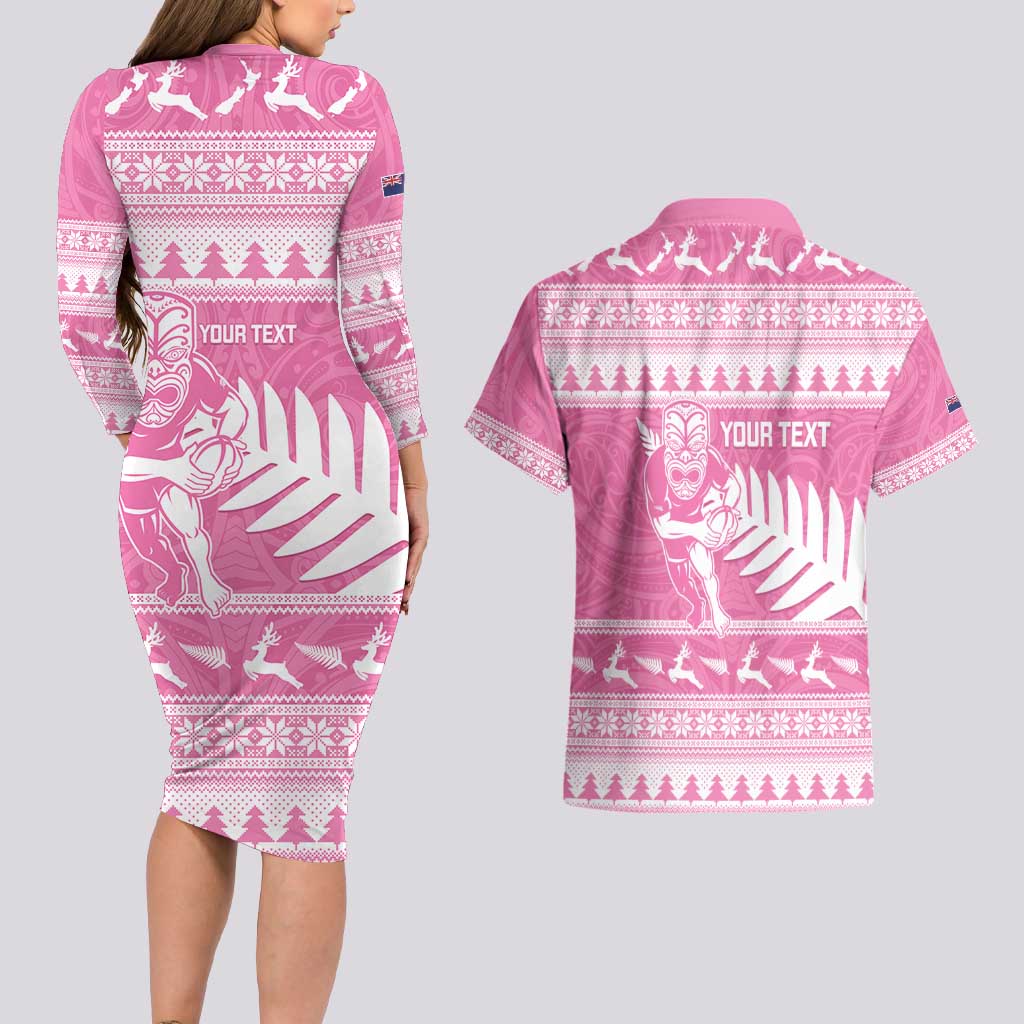 New Zealand Christmas Rugby Personalised Couples Matching Long Sleeve Bodycon Dress and Hawaiian Shirt Meri Kirihimete All Black Maori Pink Version - Aussie Hoodie