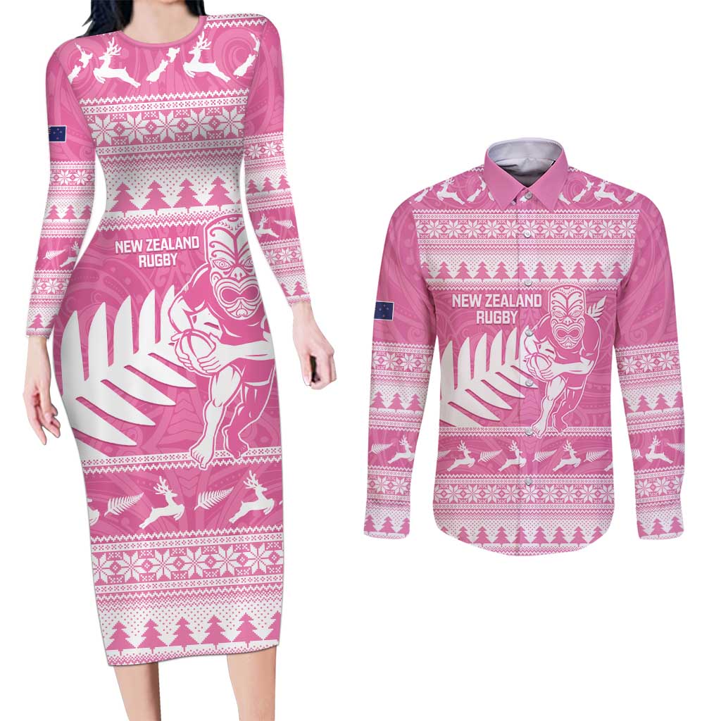 New Zealand Christmas Rugby Personalised Couples Matching Long Sleeve Bodycon Dress and Long Sleeve Button Shirt Meri Kirihimete All Black Maori Pink Version - Aussie Hoodie
