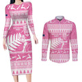 New Zealand Christmas Rugby Personalised Couples Matching Long Sleeve Bodycon Dress and Long Sleeve Button Shirt Meri Kirihimete All Black Maori Pink Version - Aussie Hoodie
