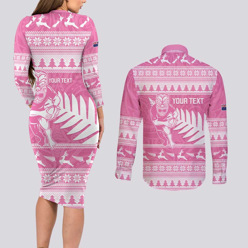 New Zealand Christmas Rugby Personalised Couples Matching Long Sleeve Bodycon Dress and Long Sleeve Button Shirt Meri Kirihimete All Black Maori Pink Version - Aussie Hoodie