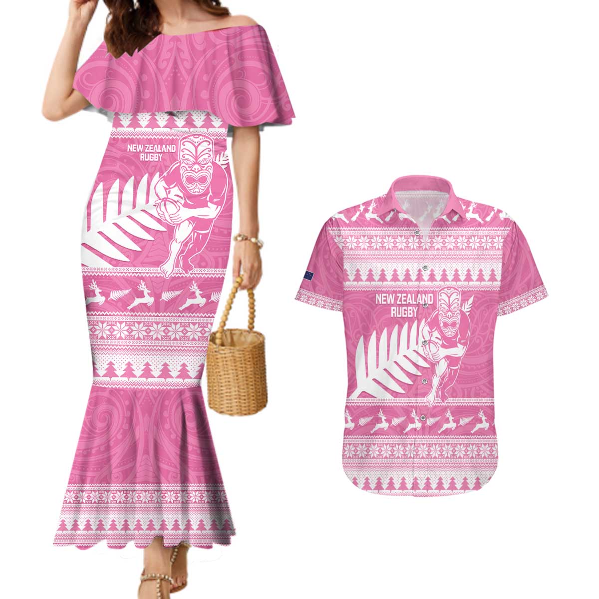 New Zealand Christmas Rugby Personalised Couples Matching Mermaid Dress and Hawaiian Shirt Meri Kirihimete All Black Maori Pink Version - Aussie Hoodie
