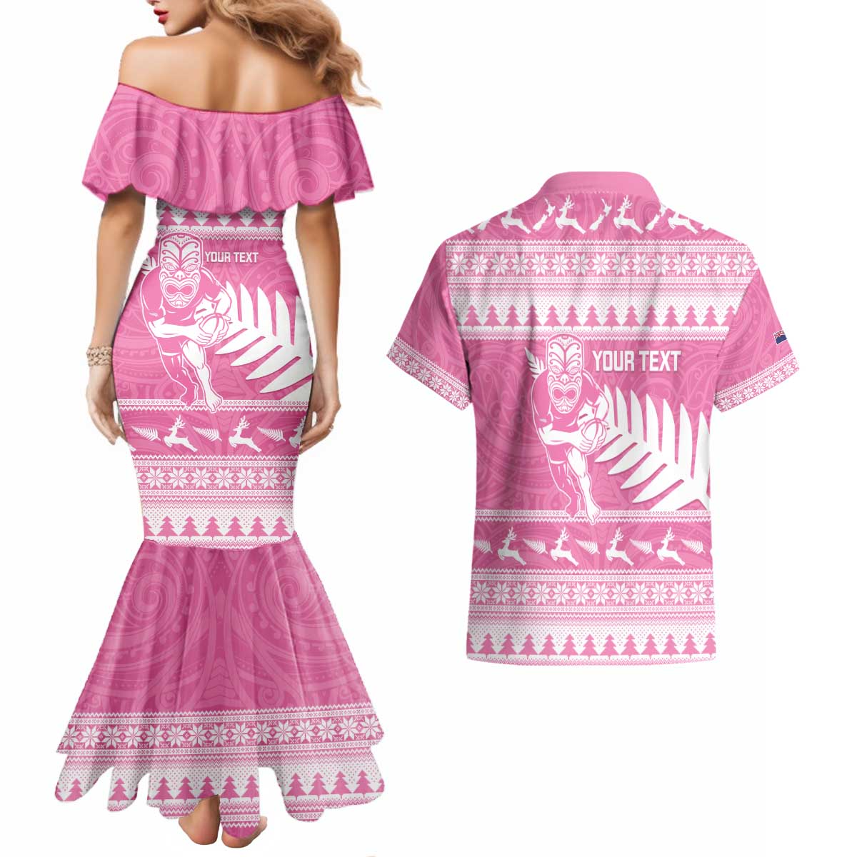 New Zealand Christmas Rugby Personalised Couples Matching Mermaid Dress and Hawaiian Shirt Meri Kirihimete All Black Maori Pink Version - Aussie Hoodie