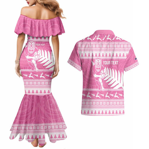 New Zealand Christmas Rugby Personalised Couples Matching Mermaid Dress and Hawaiian Shirt Meri Kirihimete All Black Maori Pink Version - Aussie Hoodie