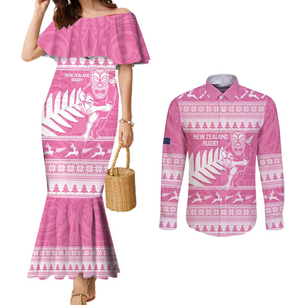 New Zealand Christmas Rugby Personalised Couples Matching Mermaid Dress and Long Sleeve Button Shirt Meri Kirihimete All Black Maori Pink Version - Aussie Hoodie