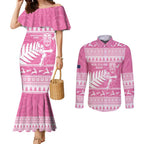 New Zealand Christmas Rugby Personalised Couples Matching Mermaid Dress and Long Sleeve Button Shirt Meri Kirihimete All Black Maori Pink Version - Aussie Hoodie