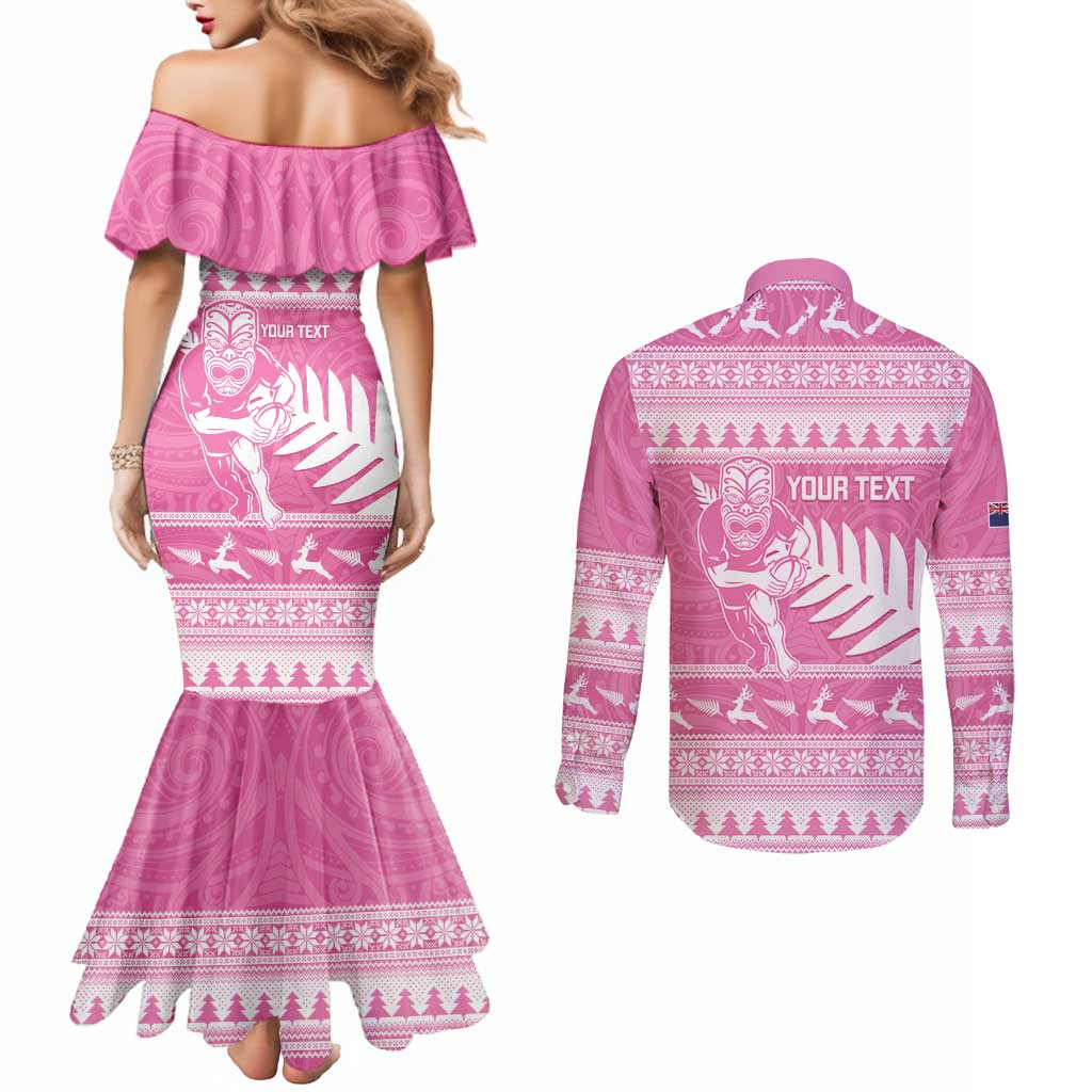 New Zealand Christmas Rugby Personalised Couples Matching Mermaid Dress and Long Sleeve Button Shirt Meri Kirihimete All Black Maori Pink Version - Aussie Hoodie
