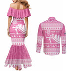 New Zealand Christmas Rugby Personalised Couples Matching Mermaid Dress and Long Sleeve Button Shirt Meri Kirihimete All Black Maori Pink Version - Aussie Hoodie