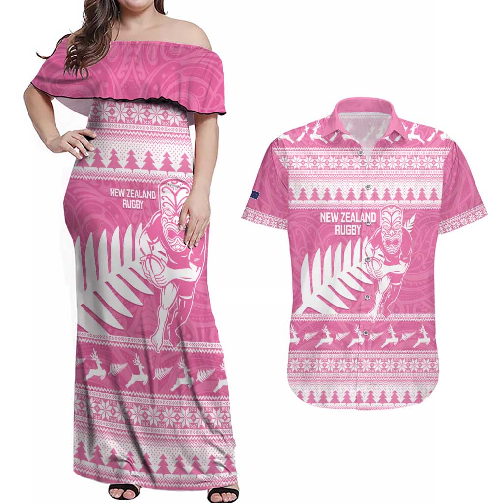 New Zealand Christmas Rugby Personalised Couples Matching Off Shoulder Maxi Dress and Hawaiian Shirt Meri Kirihimete All Black Maori Pink Version - Aussie Hoodie
