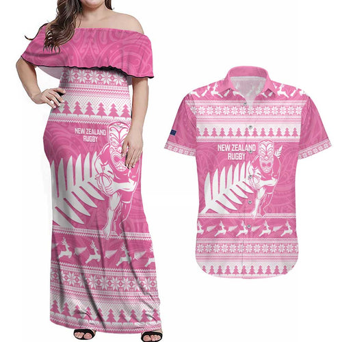 New Zealand Christmas Rugby Personalised Couples Matching Off Shoulder Maxi Dress and Hawaiian Shirt Meri Kirihimete All Black Maori Pink Version - Aussie Hoodie