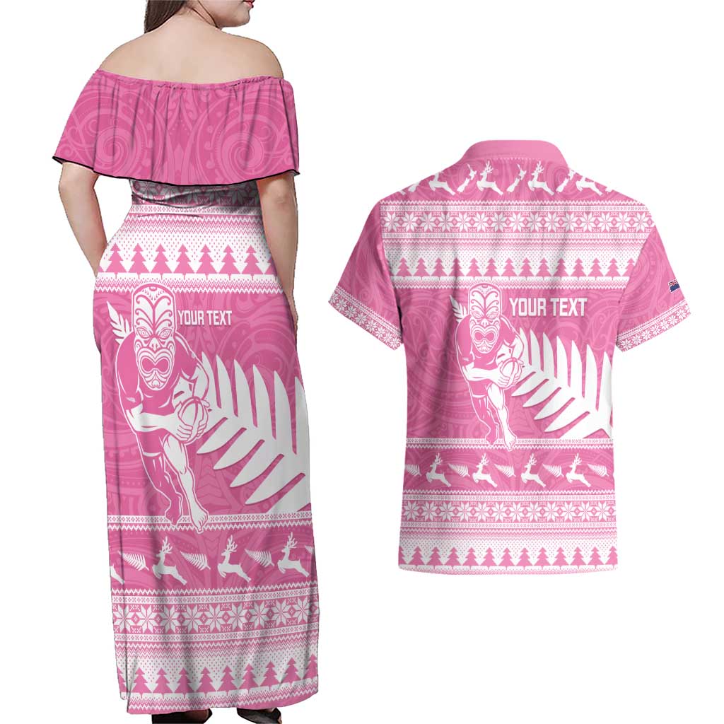 New Zealand Christmas Rugby Personalised Couples Matching Off Shoulder Maxi Dress and Hawaiian Shirt Meri Kirihimete All Black Maori Pink Version - Aussie Hoodie