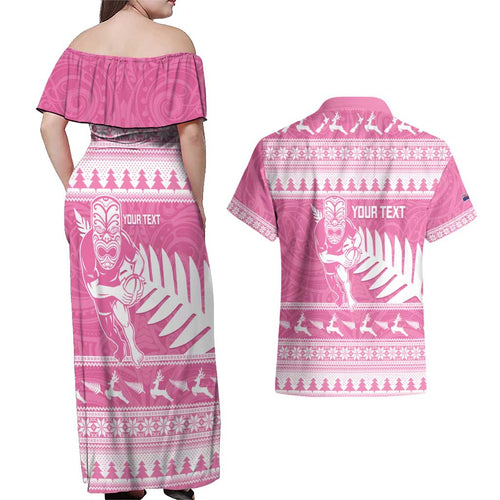 New Zealand Christmas Rugby Personalised Couples Matching Off Shoulder Maxi Dress and Hawaiian Shirt Meri Kirihimete All Black Maori Pink Version - Aussie Hoodie