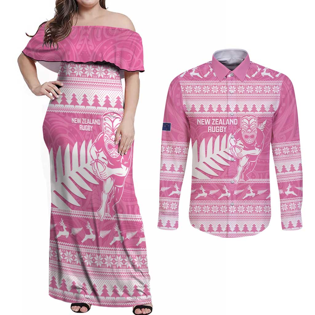 New Zealand Christmas Rugby Personalised Couples Matching Off Shoulder Maxi Dress and Long Sleeve Button Shirt Meri Kirihimete All Black Maori Pink Version - Aussie Hoodie