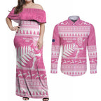 New Zealand Christmas Rugby Personalised Couples Matching Off Shoulder Maxi Dress and Long Sleeve Button Shirt Meri Kirihimete All Black Maori Pink Version - Aussie Hoodie