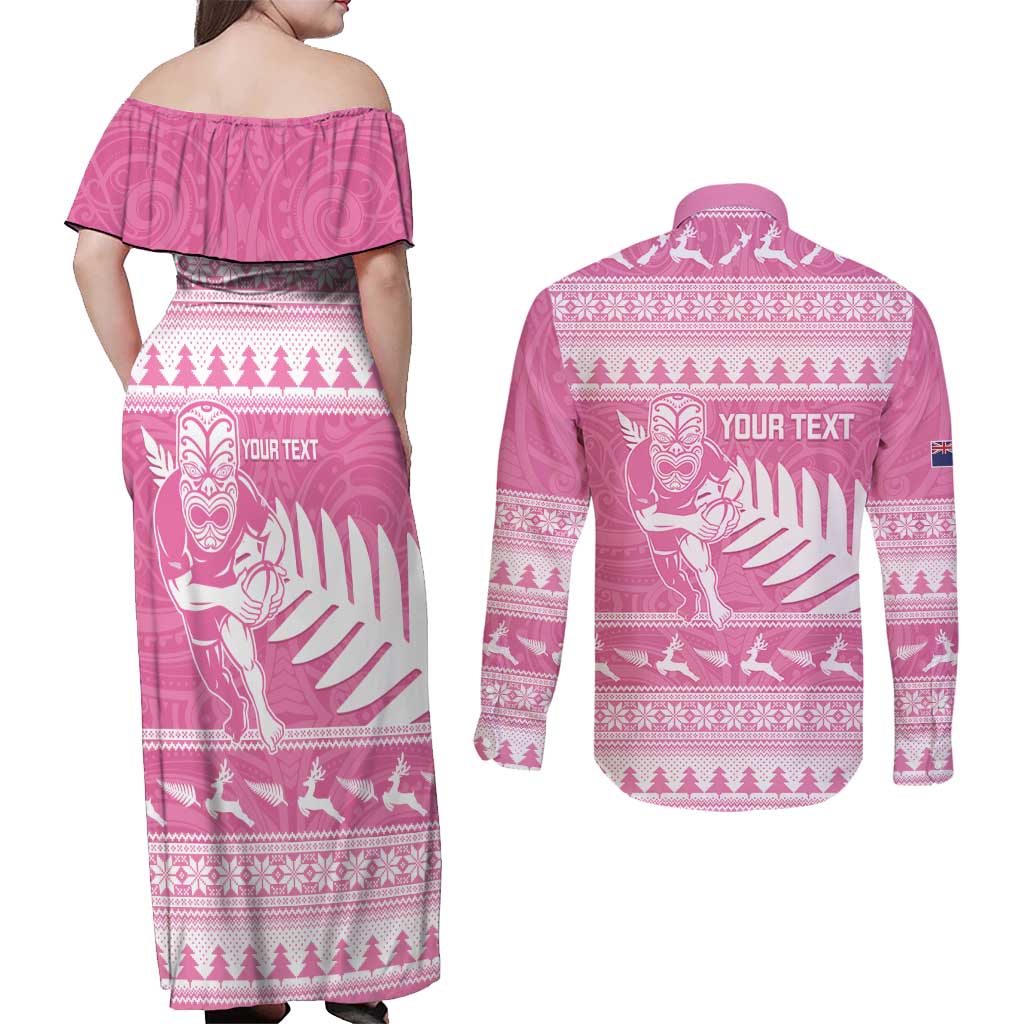New Zealand Christmas Rugby Personalised Couples Matching Off Shoulder Maxi Dress and Long Sleeve Button Shirt Meri Kirihimete All Black Maori Pink Version - Aussie Hoodie