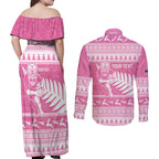 New Zealand Christmas Rugby Personalised Couples Matching Off Shoulder Maxi Dress and Long Sleeve Button Shirt Meri Kirihimete All Black Maori Pink Version - Aussie Hoodie
