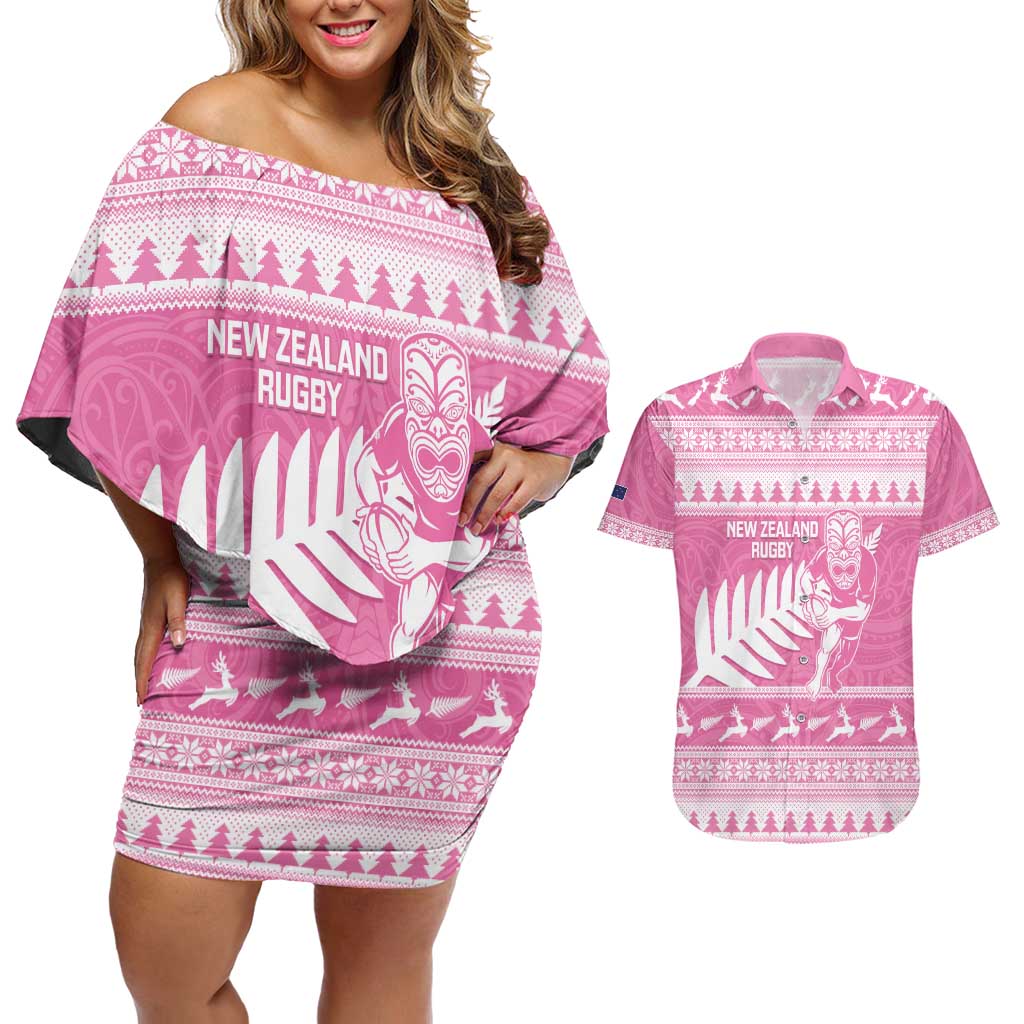 New Zealand Christmas Rugby Personalised Couples Matching Off Shoulder Short Dress and Hawaiian Shirt Meri Kirihimete All Black Maori Pink Version - Aussie Hoodie