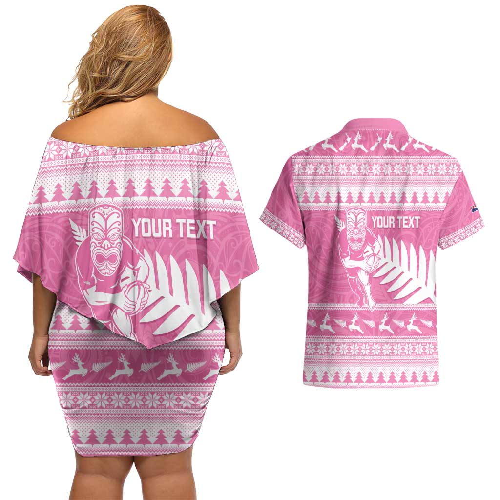 New Zealand Christmas Rugby Personalised Couples Matching Off Shoulder Short Dress and Hawaiian Shirt Meri Kirihimete All Black Maori Pink Version - Aussie Hoodie