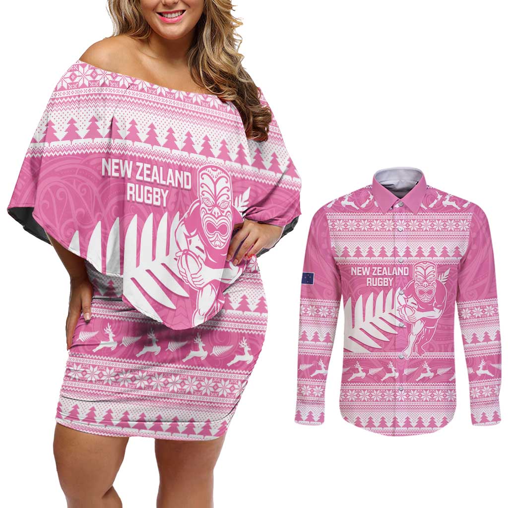 New Zealand Christmas Rugby Personalised Couples Matching Off Shoulder Short Dress and Long Sleeve Button Shirt Meri Kirihimete All Black Maori Pink Version - Aussie Hoodie