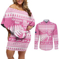 New Zealand Christmas Rugby Personalised Couples Matching Off Shoulder Short Dress and Long Sleeve Button Shirt Meri Kirihimete All Black Maori Pink Version - Aussie Hoodie