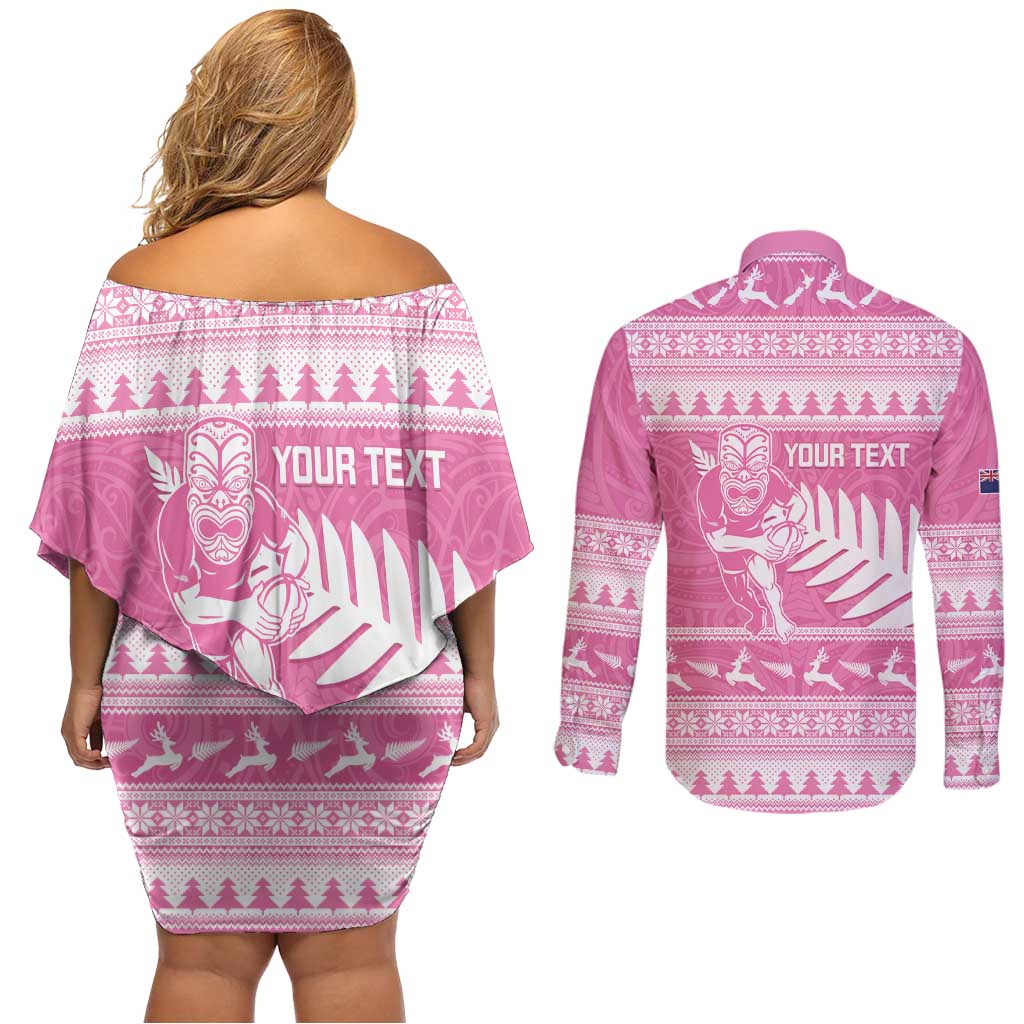 New Zealand Christmas Rugby Personalised Couples Matching Off Shoulder Short Dress and Long Sleeve Button Shirt Meri Kirihimete All Black Maori Pink Version - Aussie Hoodie