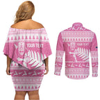New Zealand Christmas Rugby Personalised Couples Matching Off Shoulder Short Dress and Long Sleeve Button Shirt Meri Kirihimete All Black Maori Pink Version - Aussie Hoodie