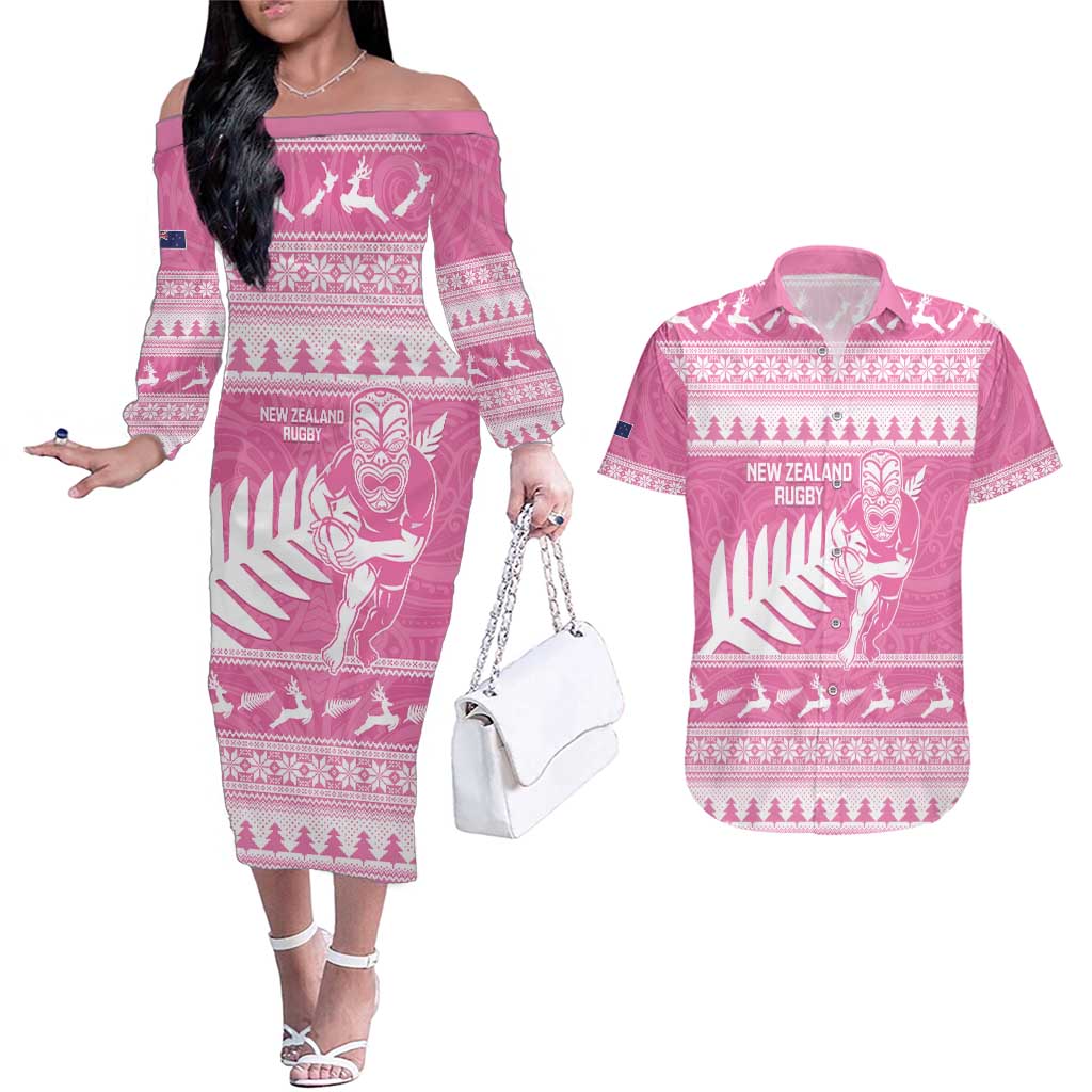 New Zealand Christmas Rugby Personalised Couples Matching Off The Shoulder Long Sleeve Dress and Hawaiian Shirt Meri Kirihimete All Black Maori Pink Version - Aussie Hoodie