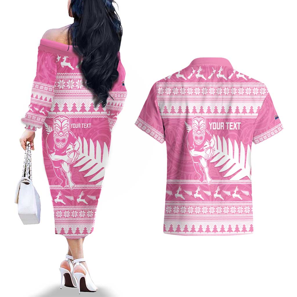 New Zealand Christmas Rugby Personalised Couples Matching Off The Shoulder Long Sleeve Dress and Hawaiian Shirt Meri Kirihimete All Black Maori Pink Version - Aussie Hoodie