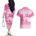 New Zealand Christmas Rugby Personalised Couples Matching Off The Shoulder Long Sleeve Dress and Hawaiian Shirt Meri Kirihimete All Black Maori Pink Version - Aussie Hoodie
