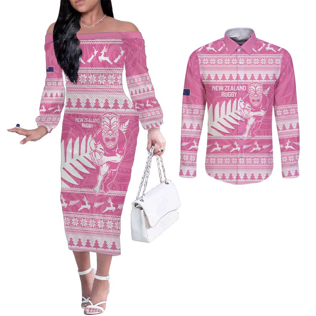New Zealand Christmas Rugby Personalised Couples Matching Off The Shoulder Long Sleeve Dress and Long Sleeve Button Shirt Meri Kirihimete All Black Maori Pink Version - Aussie Hoodie