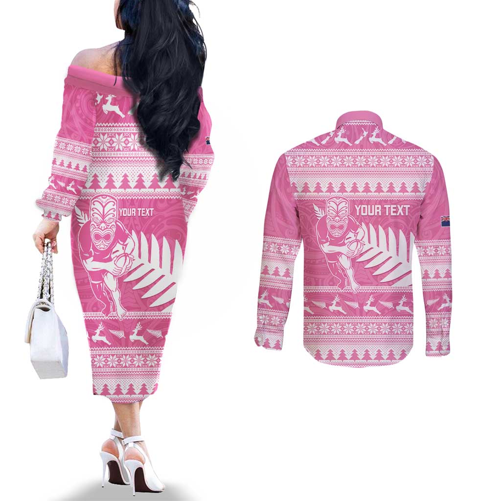 New Zealand Christmas Rugby Personalised Couples Matching Off The Shoulder Long Sleeve Dress and Long Sleeve Button Shirt Meri Kirihimete All Black Maori Pink Version - Aussie Hoodie