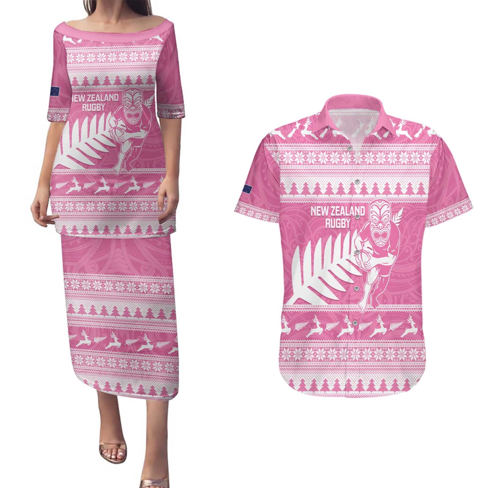 New Zealand Christmas Rugby Personalised Couples Matching Puletasi and Hawaiian Shirt Meri Kirihimete All Black Maori Pink Version - Aussie Hoodie
