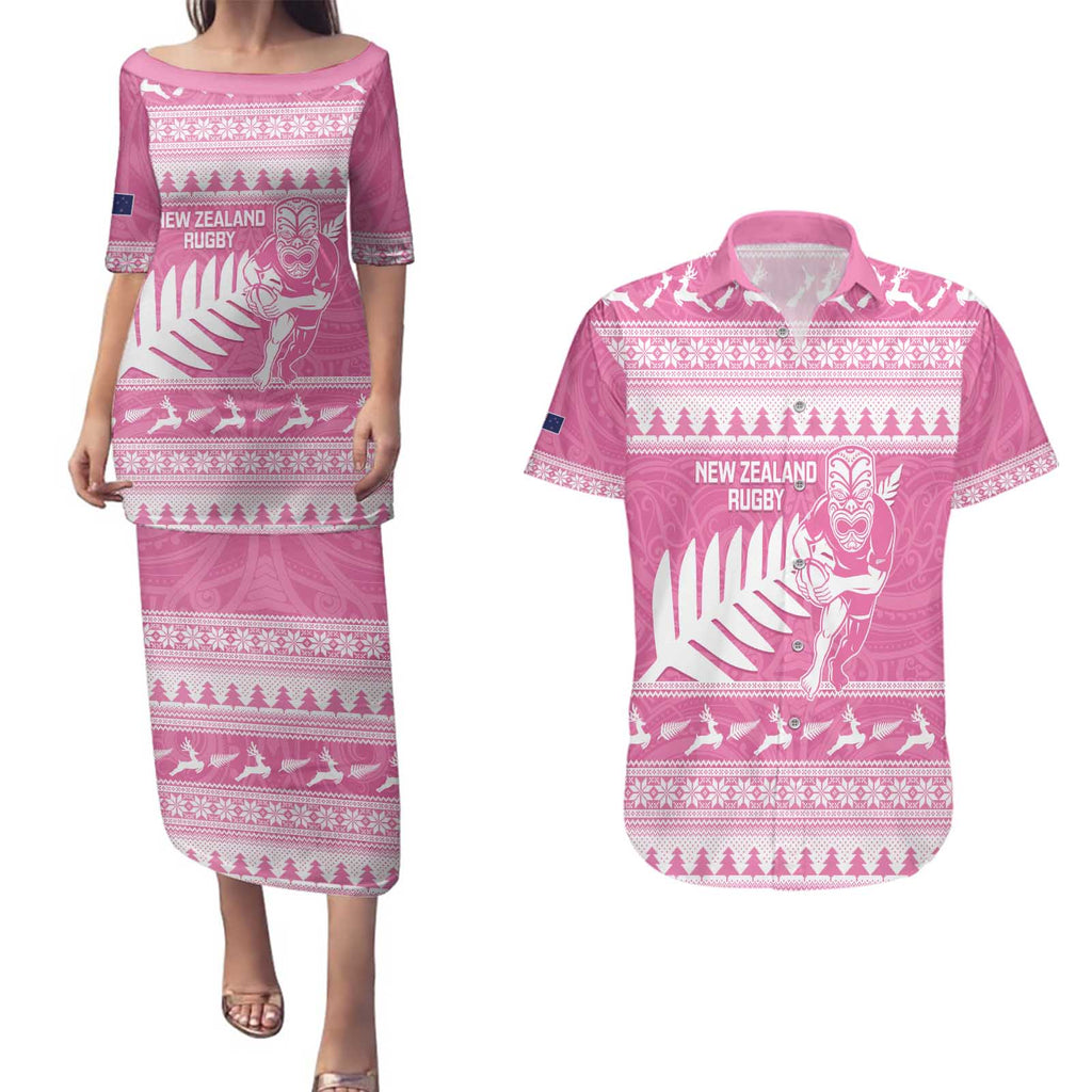 New Zealand Christmas Rugby Personalised Couples Matching Puletasi and Hawaiian Shirt Meri Kirihimete All Black Maori Pink Version - Aussie Hoodie