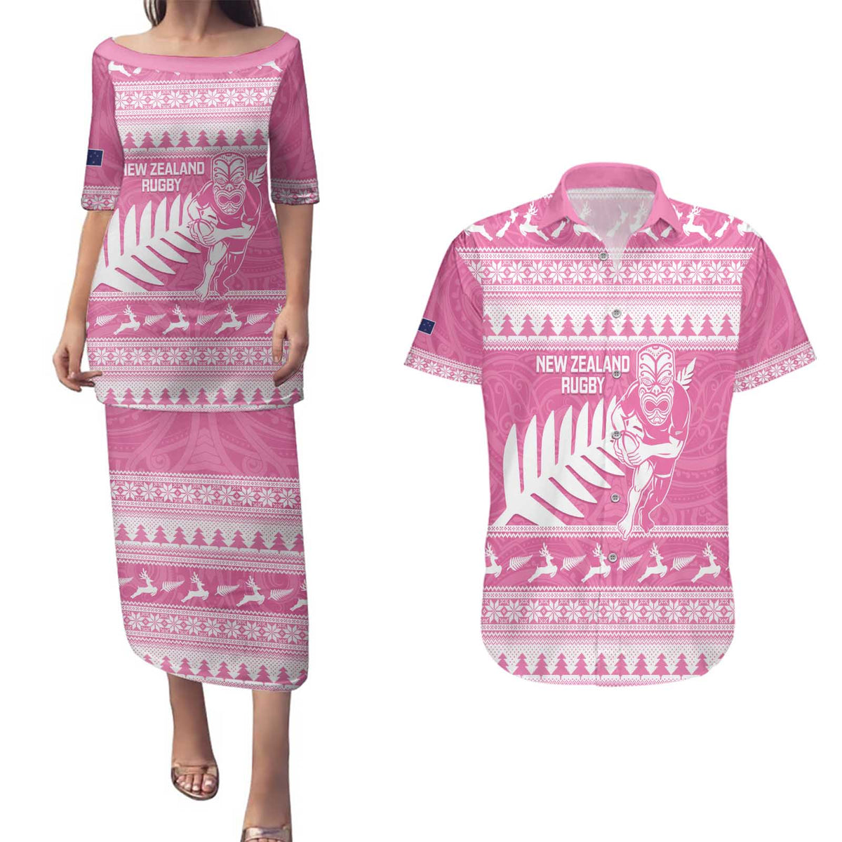 New Zealand Christmas Rugby Personalised Couples Matching Puletasi and Hawaiian Shirt Meri Kirihimete All Black Maori Pink Version - Aussie Hoodie