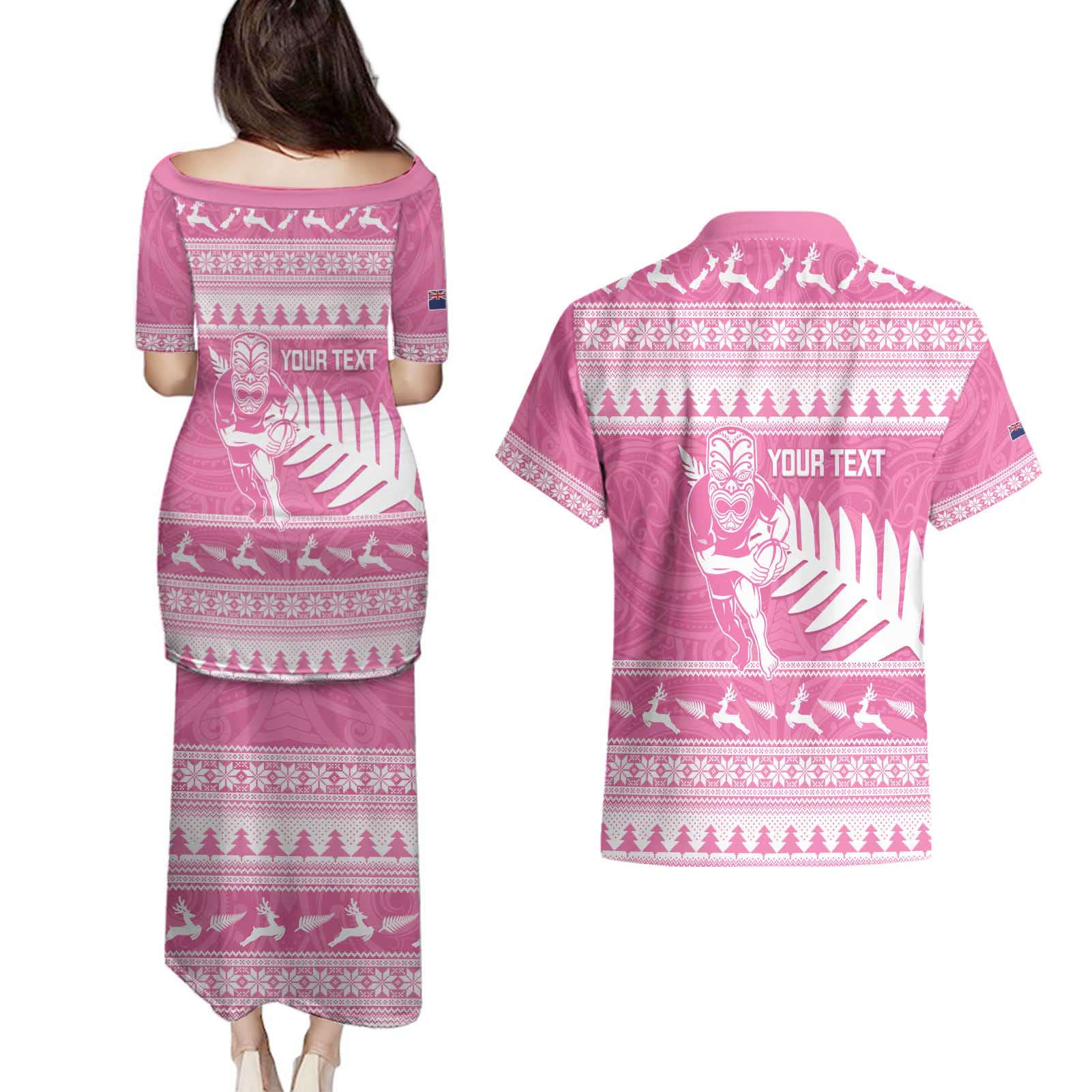 New Zealand Christmas Rugby Personalised Couples Matching Puletasi and Hawaiian Shirt Meri Kirihimete All Black Maori Pink Version - Aussie Hoodie