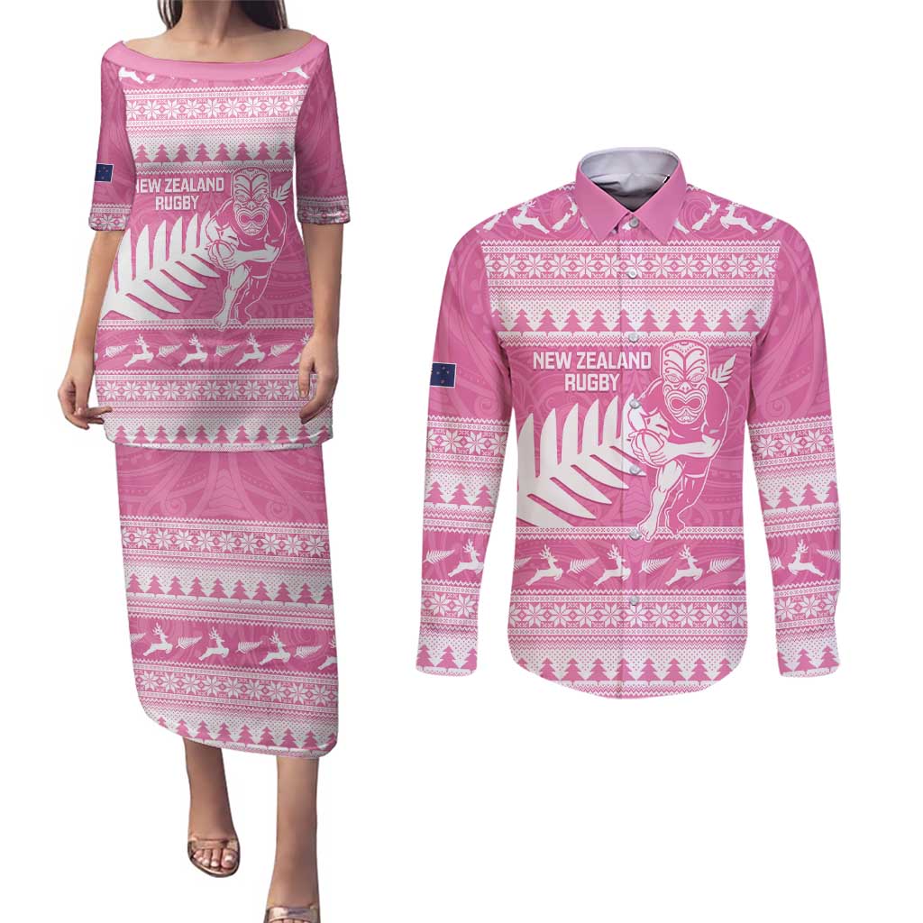 New Zealand Christmas Rugby Personalised Couples Matching Puletasi and Long Sleeve Button Shirt Meri Kirihimete All Black Maori Pink Version - Aussie Hoodie