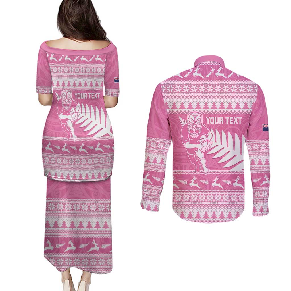 New Zealand Christmas Rugby Personalised Couples Matching Puletasi and Long Sleeve Button Shirt Meri Kirihimete All Black Maori Pink Version - Aussie Hoodie