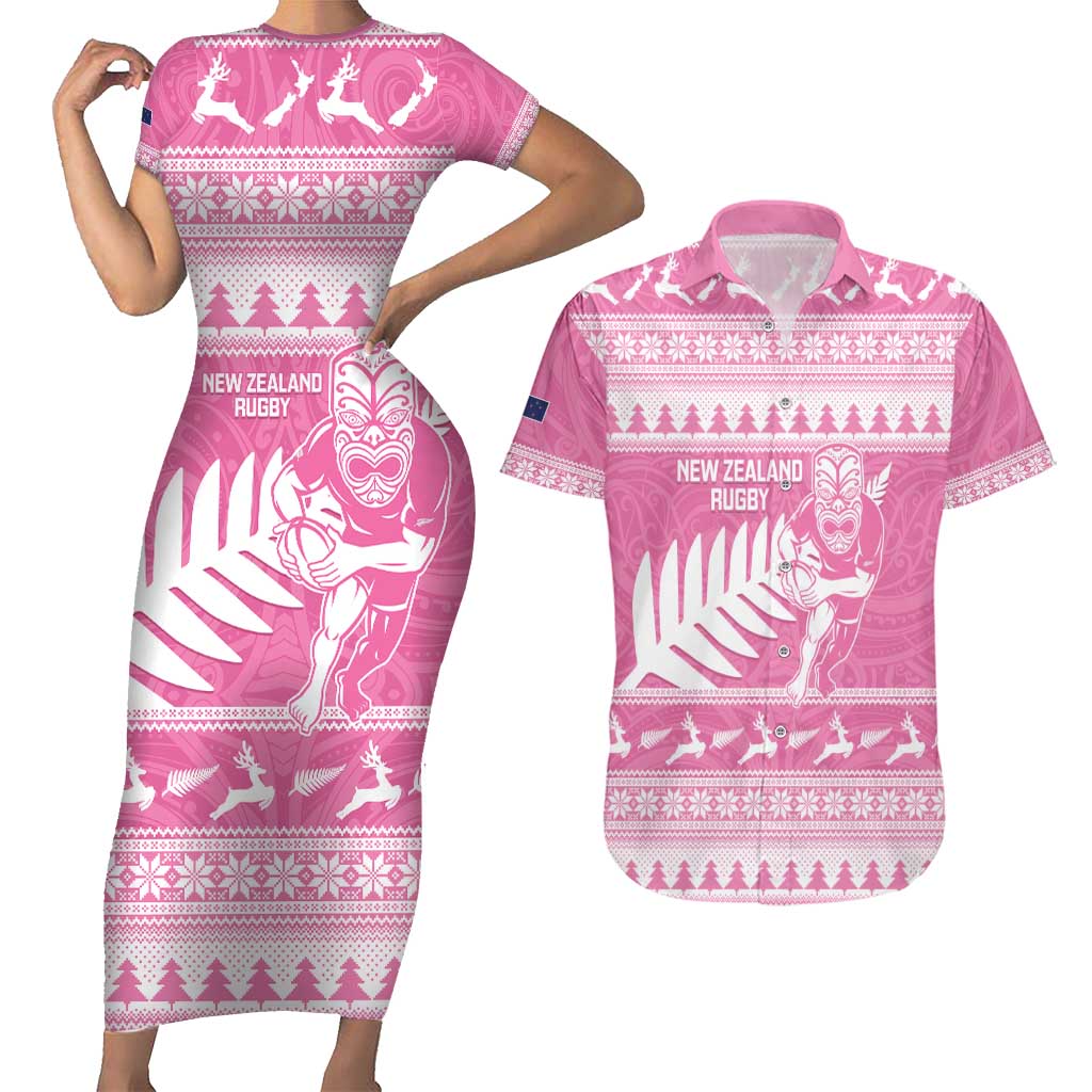 New Zealand Christmas Rugby Personalised Couples Matching Short Sleeve Bodycon Dress and Hawaiian Shirt Meri Kirihimete All Black Maori Pink Version - Aussie Hoodie
