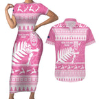 New Zealand Christmas Rugby Personalised Couples Matching Short Sleeve Bodycon Dress and Hawaiian Shirt Meri Kirihimete All Black Maori Pink Version - Aussie Hoodie