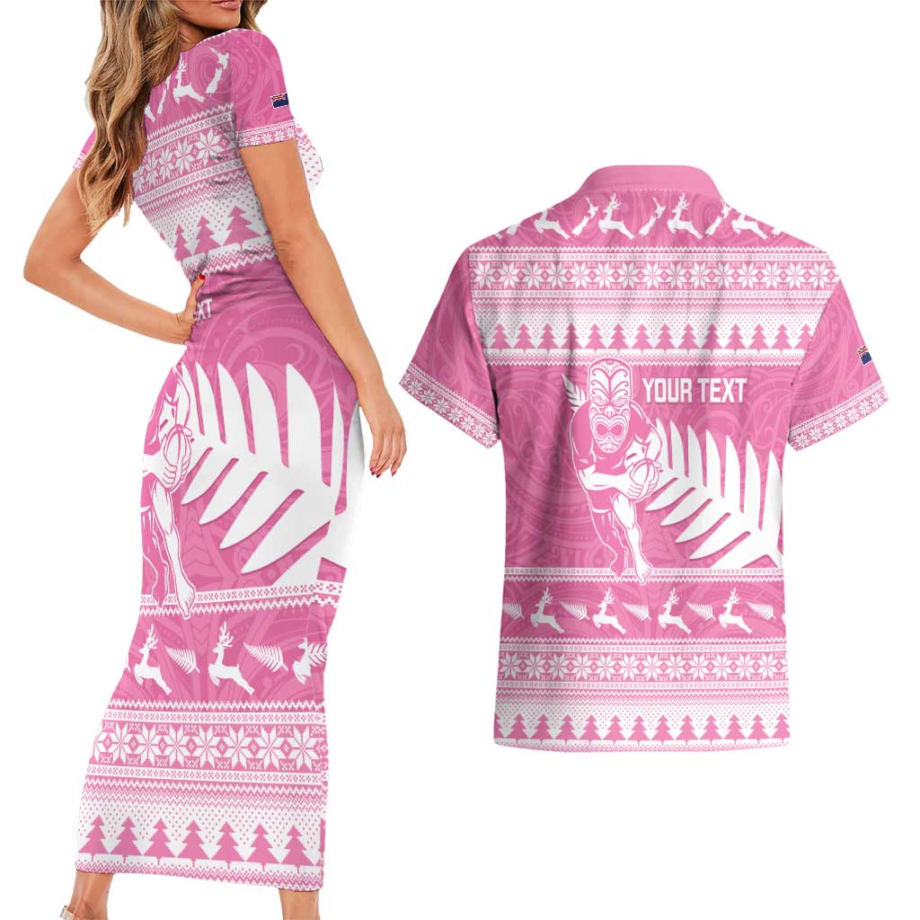 New Zealand Christmas Rugby Personalised Couples Matching Short Sleeve Bodycon Dress and Hawaiian Shirt Meri Kirihimete All Black Maori Pink Version - Aussie Hoodie